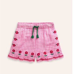 Mini Boden Pink Gingham Floral Embroidered Shorts
